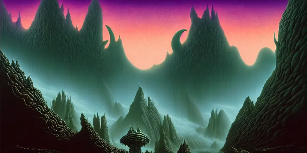 Image similar to highly detailed fantasy art of cthulhu, dagon in a surreal landscape filled with mountains and mist, diffuse lighting, fog, muted colors, by roger dean, kilian eng. mœbius