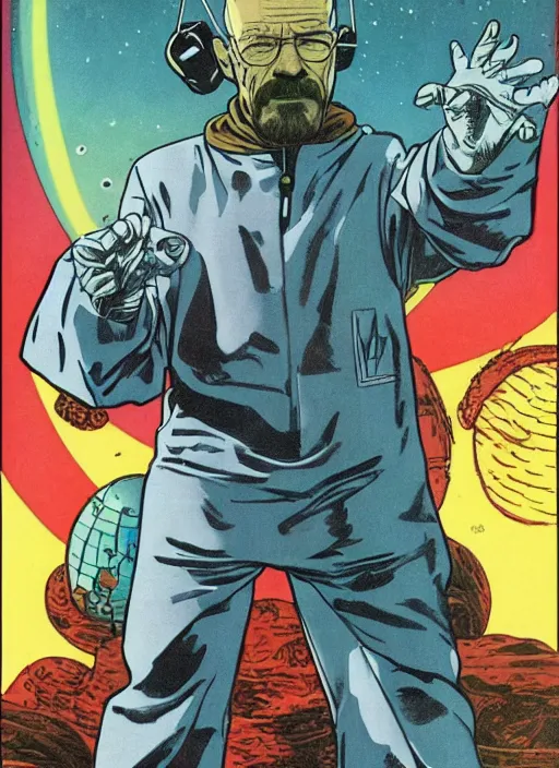 Prompt: Walter White as space wizard in retro science fiction cover by Moebius, vintage 1970 print