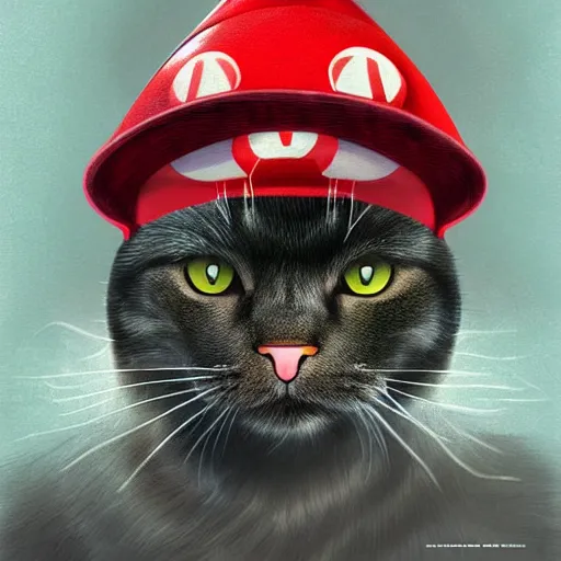 Image similar to Front Portrait of a Cat wearing a Super Mario hat, kawaii aesthetic, nintendo, highly detailed, digital painting, artstation, concept art, smooth, sharp focus, illustration, art by artgerm and greg rutkowski and alphonse mucha