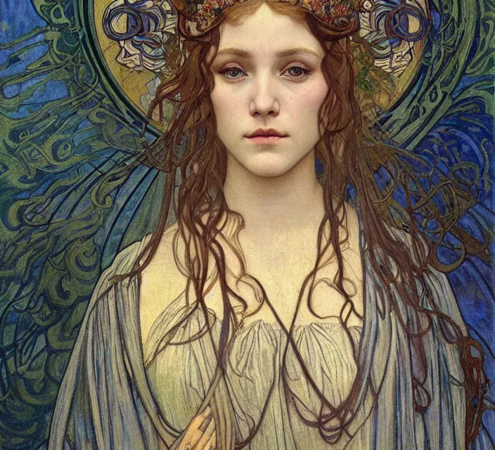 Image similar to detailed realistic beautiful young medieval queen face portrait by jean delville, alphonse mucha, vincent van gogh, and marco mazzoni, art nouveau, symbolist, visionary, gothic, pre - raphaelite