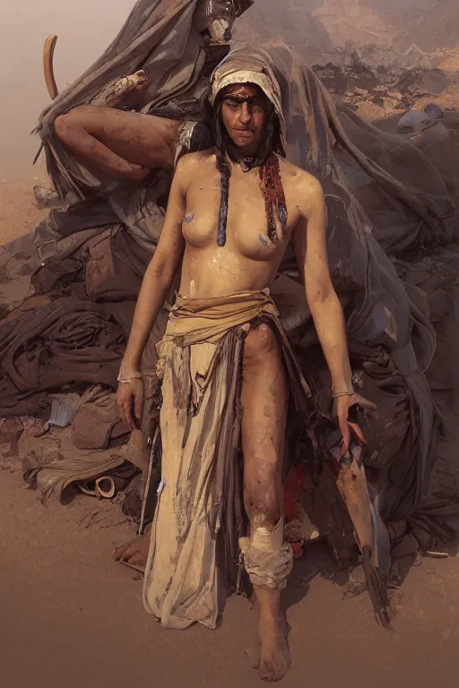 Image similar to a full body portrait of a beautiful post apocalyptic offworld desert bedouin blind barbarian leper laying by the roadside, begging, intricate, elegant, highly detailed, digital painting, artstation, concept art, smooth, sharp focus, illustration, art by krenz cushart and artem demura and alphonse mucha