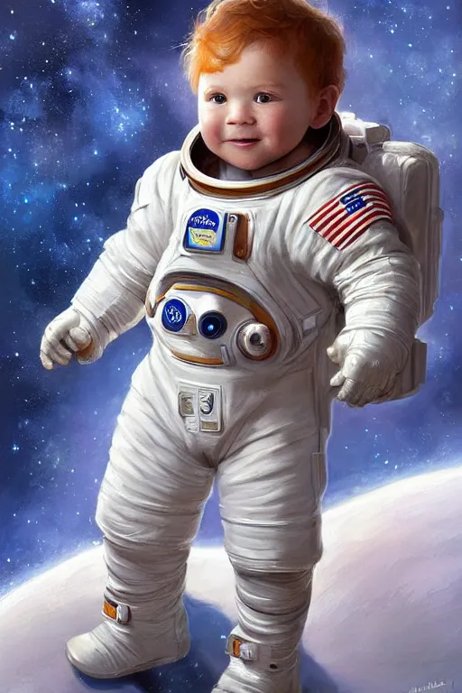 Image similar to a little boy with a cherubic michievous face and ginger hair. he is an astronaut, wearing a space suit. clean elegant painting, beautiful detailed face. by raymond swanland and artgerm and greg rutkowski