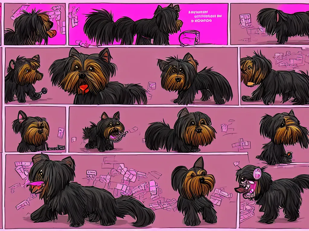 Prompt: a 4 panel comic strip of a lonely black and caramel Yorkshire Terrier, fighting with a pink rubber monkey in a cyberpunk, post apocalyptic Tokyo, D&D, fantasy, highly detailed, digital painting, artstation, concept art, smooth, sharp focus, illustration, art by Bill Sienkiewicz