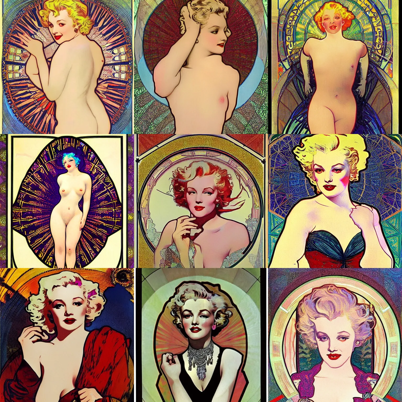 Prompt: beautiful vivid symmetric painting of Marylin Monroe by Mucha; classy, restrained, refined