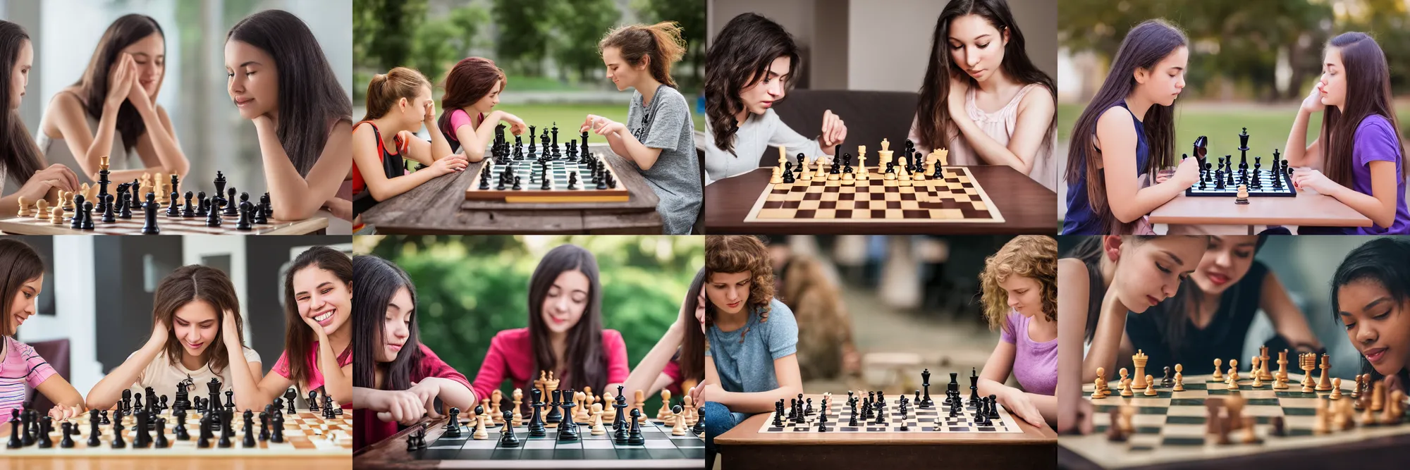 Prompt: two young women playing chess. highly detailed. 8k. depth of field. photography