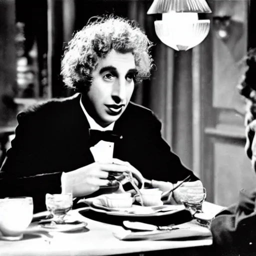 Image similar to harpo marx dines alone at a fancy restaurant