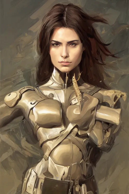 Image similar to a professionally painted portrait of an attractive young woman, clothed in military armor, olive skin, long dark hair, beautiful bone structure, symmetrical facial features, intricate, elegant, digital painting, trending on Artstation, concept art, smooth, sharp focus, illustration, from Metal Gear by Ruan Jia and Mandy Jurgens and Artgerm and William-Adolphe Bouguerea, award winning