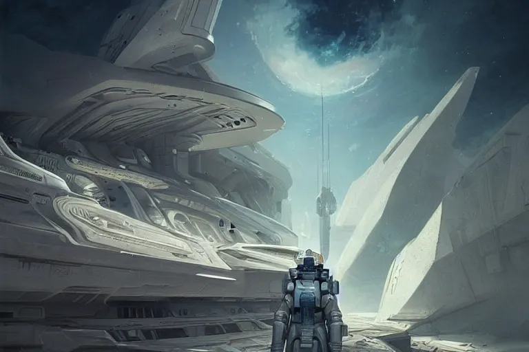 Prompt: a space soldier in futuristic space suit looking at a massive white spaceship construction, whie tcolor, scifi, serene, refined, by swang, wlop, peter mohrbacher, jakub rebelka, visually stunning, beautiful, masterpiece