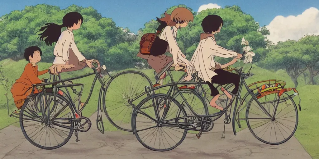 Image similar to bicycle, there are two people on the bike, ride on a bicycle, lovely, by hayao miyazaki