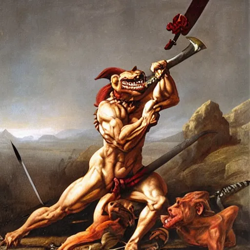 Prompt: dog - faced muscular goblin, ugly face, lizard tail, holding scimitar made of bone, scimitar, sword, jagged sword, curved sword, orkish sword, gray skin, red sky, hyper - detailed, primeval fantasy, prehistoric fantasy, art by jacques - louis david