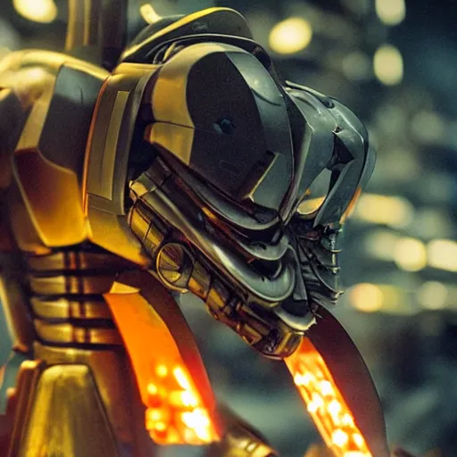 Prompt: closeup of mecha with surface of cutlery, dark messy smoke - filled cluttered workshop, dark, dramatic lighting, orange tint, cinematic, highly detailed, sci - fi, futuristic, movie still from blade runner