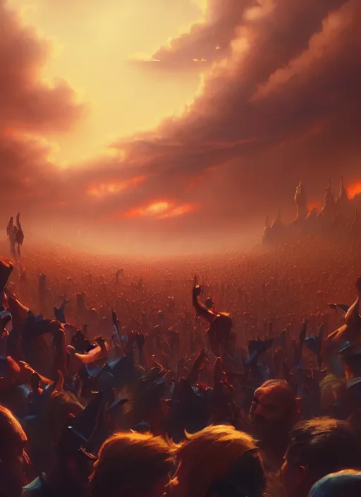 Image similar to painting of a crowd with raised arms pointing toward, cinematic view, epic sky, detailed, concept art, low angle, high detail, warm lighting, volumetric, godrays, vivid, beautiful, trending on artstation, by jordan grimmer, huge scene, art greg rutkowski