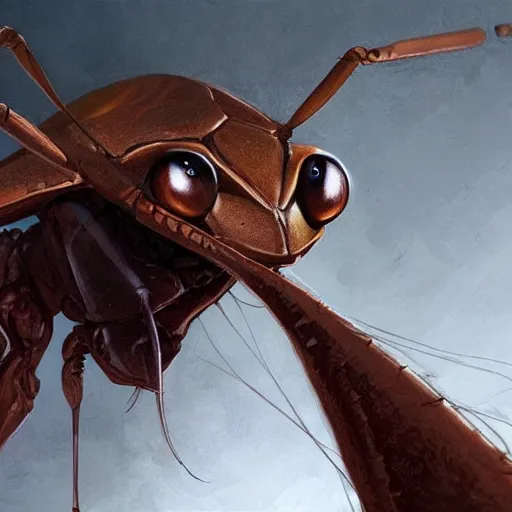 Image similar to portrait of brown anthropomorphic mantis religiosa ; hard predatory look ; d & d rogue ; flat triangle - shaped head with thin thread - like antennae ; concept art ; artstation ; 8 k ; wallpapers ; heavy contrast ; cinematic art ; cgsociety ; art by greg rutkowski and artgerm