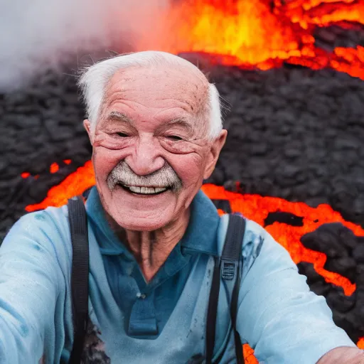 Image similar to elderly man swimming in a lava flow, smiling, happy, volcano, hot, eruption, magma, lava, canon eos r 3, f / 1. 4, iso 2 0 0, 1 / 1 6 0 s, 8 k, raw, unedited, symmetrical balance, wide angle