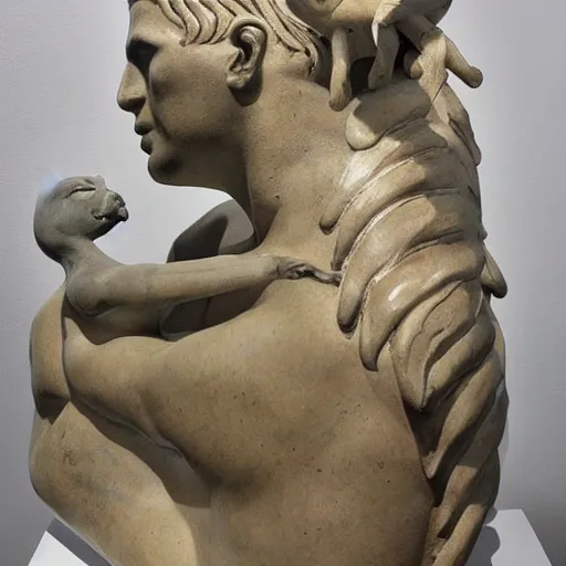 Prompt: sculpture of beautiful, athletic creature that is a half of the roman emperor augustus and a half of egyptian cat, sculpture of stanisław szukalski, emotionally touching, elegant, masterpiece