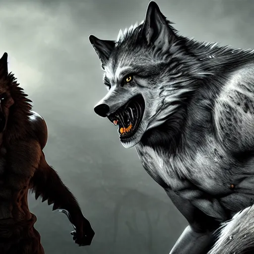 Image similar to werewolf, dramatic pose, photorealistic uhd 8 k, award - winning videogame promotional art