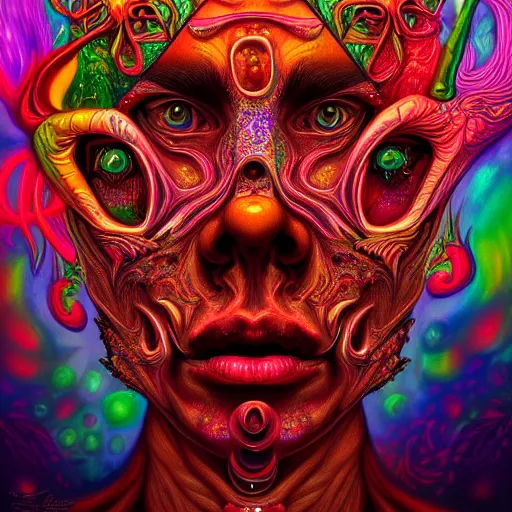 Image similar to An extremely psychedelic portrait of hell, surreal, LSD, face, detailed, intricate, elegant, lithe, highly detailed, digital painting, artstation, concept art, smooth, sharp focus, illustration