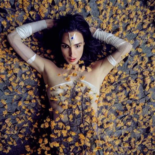 Image similar to full body fine art photo of the beauty gal gadot, she is lying down and covered by dried flowers, taken by oleg oprisco