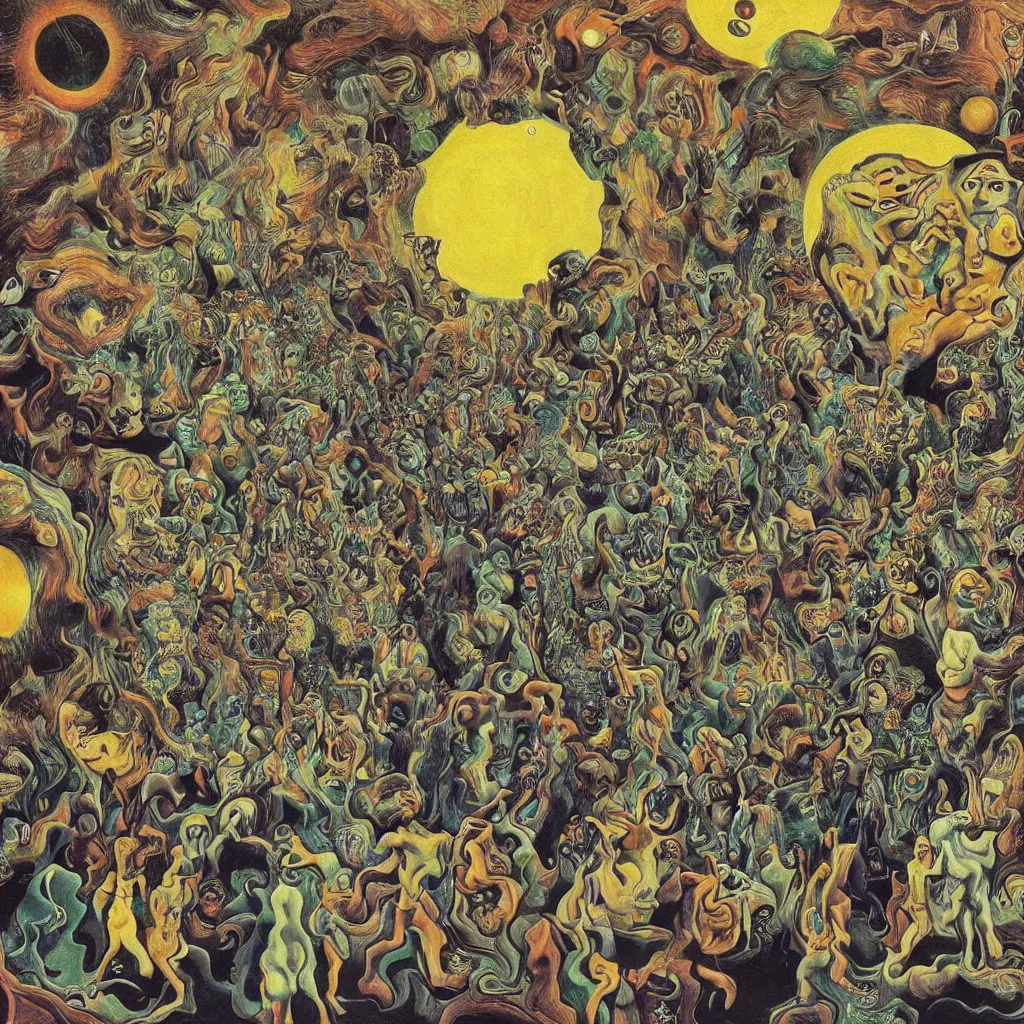 Image similar to intergalactic psychonaut unholy gathering, 4K, by collaboration of M. C. Escher and Salvador Dali and Van Gogh