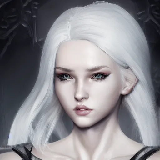 Prompt: highly detailed portrait of beautiful white haired android female, wearing a black jacket, very beautiful face, very detailed eyes, intricate, cgsociety, cinematic studio lighting