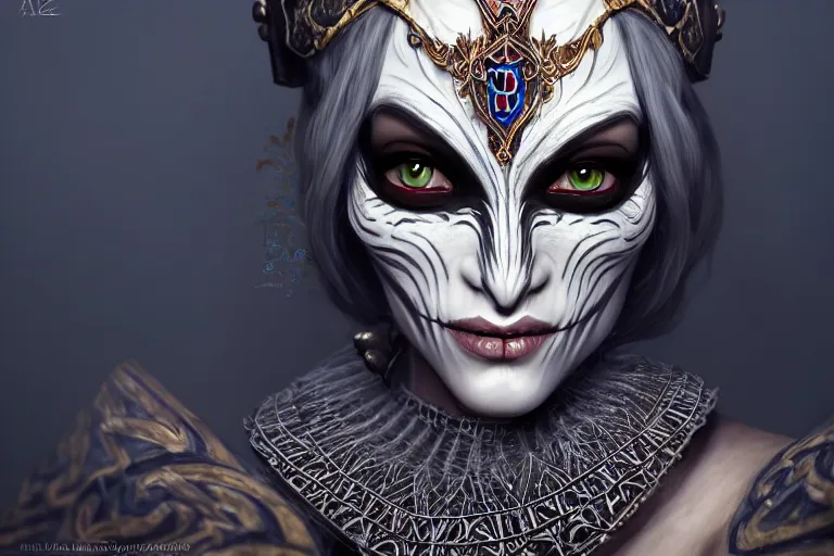 Image similar to a full portrait of a beautiful woman wearing, wearing extremely detailed attire, slim complexity, extremely detailed white eyes, medievil, dnd, extremely detailed, high quality, trending on artstation, photo realistic