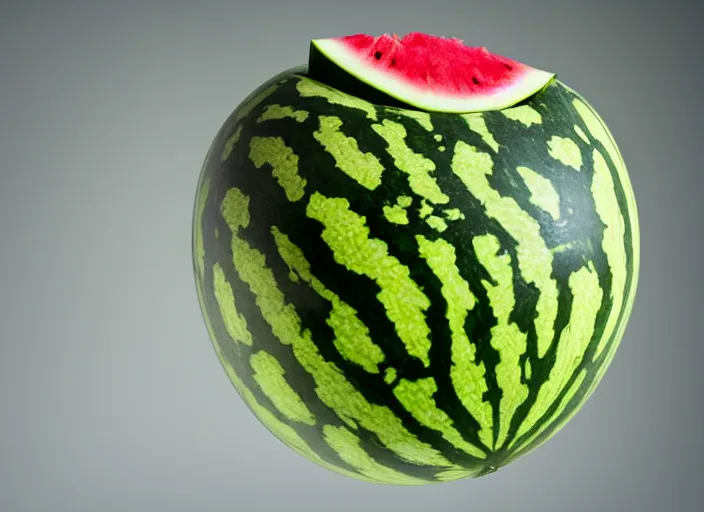 Image similar to photo still of a watermelon with human eyes and mouth, 8 k, studio lighting bright ambient lighting key light, 8 5 mm f 1. 8