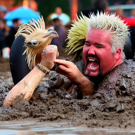 Prompt: guy fieri high mud wrestling an ostrich