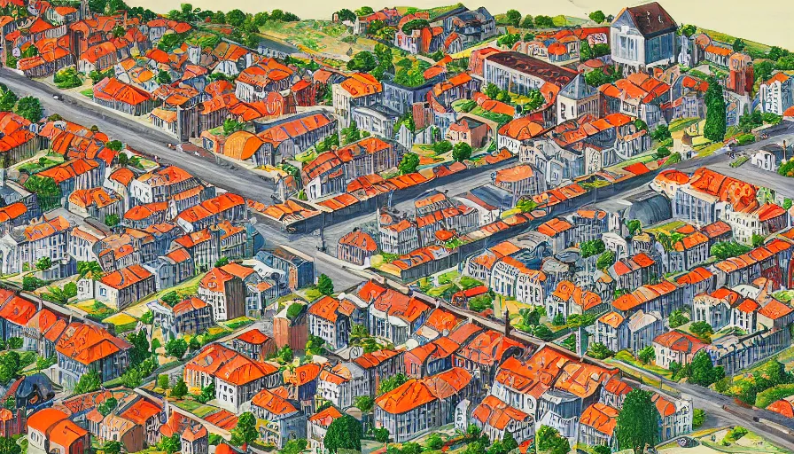 Image similar to dutch townscape, top - down isometric view, painting