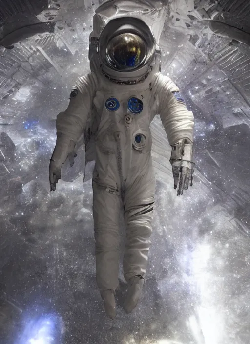 Image similar to concept art by craig mullins infrared complex and hyperdetailed technical astronaut suit in futuristic dark and empty spaceship underwater. reflection and dispersion materials. rays and dispersion of light. volumetric light. 5 0 mm, f / 3 2. noise film photo. flash photography. unreal engine 4, octane render. interstellar movie art