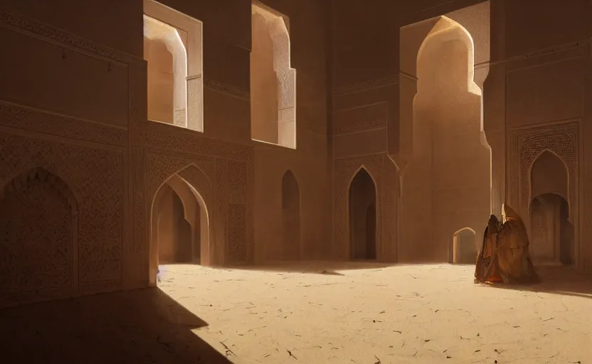 Image similar to Interior shot painting of an interior Moroccan Castle in the middle of desert with dunes by Greg Rutkowski and Craig Mullins, Dark atmospheric sad and cinematic lighting, Trending on artstation