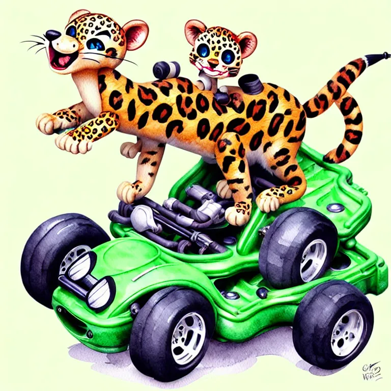 Image similar to cute and funny, baby leopard riding in a tiny go kart with oversized engine, ratfink style by ed roth, centered award winning watercolor pen illustration, isometric illustration by chihiro iwasaki, edited by range murata, tiny details by artgerm and watercolor girl, symmetrically isometrically centered