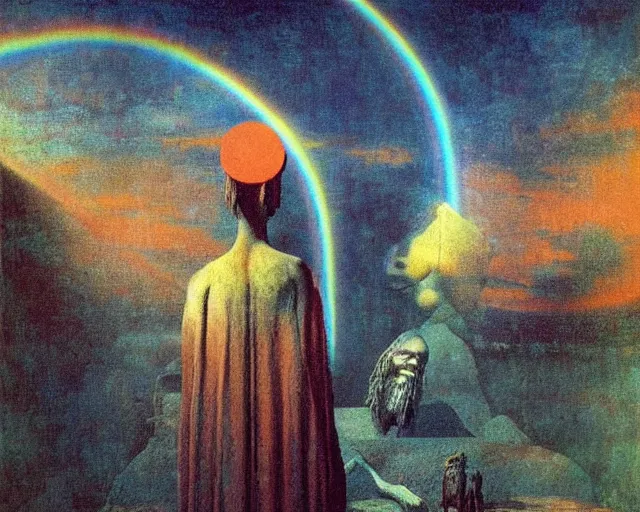 Prompt: praying to ancient gods of transitioning by beksinski, carrington, bosch, dali, barlowe, magritte, pagan bright multirainbow colors