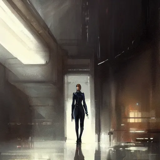 Image similar to concept art by greg rutkowski, a very tall, and slender woman with blond hair, talking with a very tall and slender mand with short black hair, brutalist futuristic interior, dark lighting atmosphere, detailed portraits, nostalgic atmosphere, scifi, digital painting, artstation, concept art, smooth, sharp foccus ilustration, artstation hq