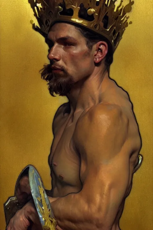 Image similar to A man wearing golden crown, muscular, painting by greg rutkowski and alphonse mucha