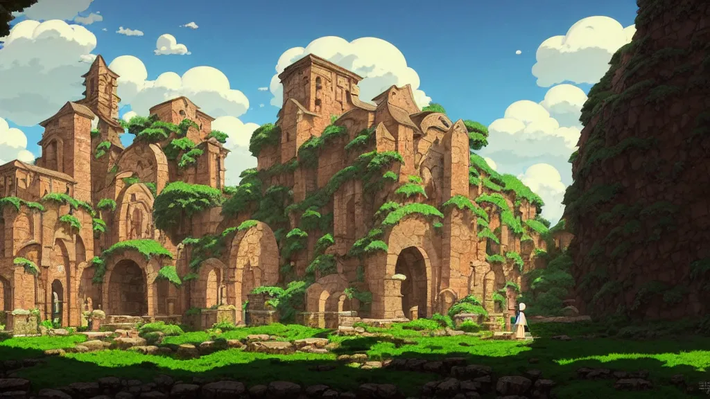 Image similar to ancient monastery ruins, studio ghibli, pixar and disney animation, sharp, rendered in unreal engine 5, highly detailed, digital painting, artstation, concept art, smooth, sharp focus, illustration, wide angle, artbook, wallpaper, splash art, promo art, dramatic lighting, art by artgerm and greg rutkowski and bo chen and jin xiaodi