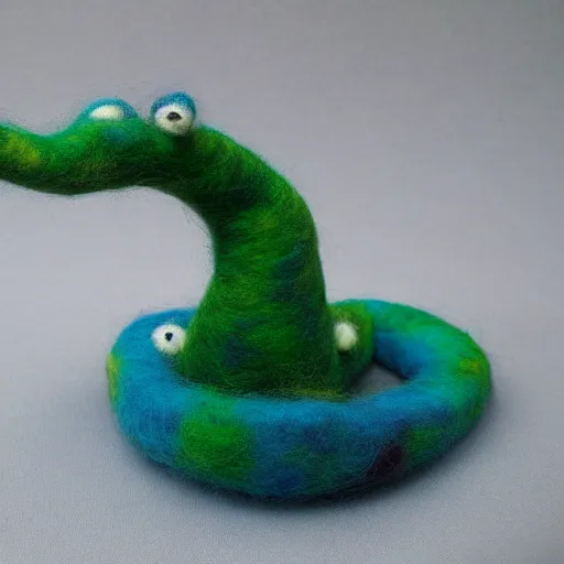 Image similar to a needle felted loch ness monster, needle felting art.