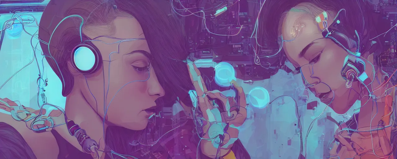 Prompt: A young woman with wires coming out of her head connecting to a computer, 4k wallpaper, digital art, deep colors, trending on arstation, by Victoria Rose, by Josan Gonzalez, by Juan Osorio