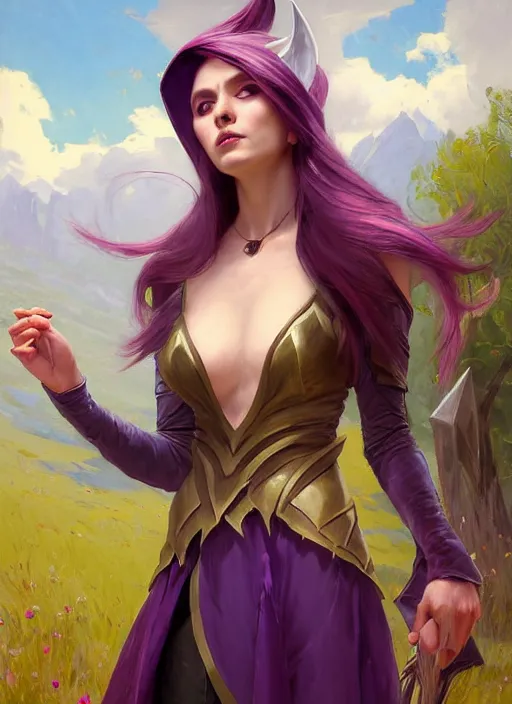 Image similar to portrait of mage Syndra from League of Legends practicing wild magic, countryside, calm, fantasy character portrait, dynamic pose, above view, sunny day, thunder clouds in the sky, artwork by Jeremy Lipkin and Giuseppe Dangelico Pino and Michael Garmash and Rob Rey and Jean Giraud, very coherent asymmetrical artwork, sharp edges, perfect face, simple form, 100mm
