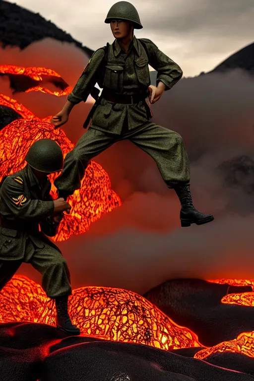 Image similar to japan world war soldier swimming on lava mountain, photorealistic, smooth, aesthetic lighting, baroque object, hyperdetailed, pullitzer winning, photo by : canon eos 5 d mark iv, versatile, lens interoperability, autofocus, 4 k uhd video capture at 3 0 fps, 8 k time - lapse functions, by karah mew and adnan abidi