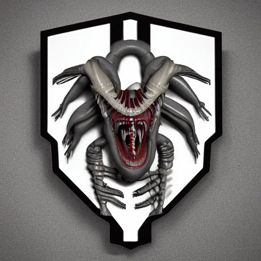 Prompt: 3d render of a xenomorphic old coat of arms with bones, nerves and veins