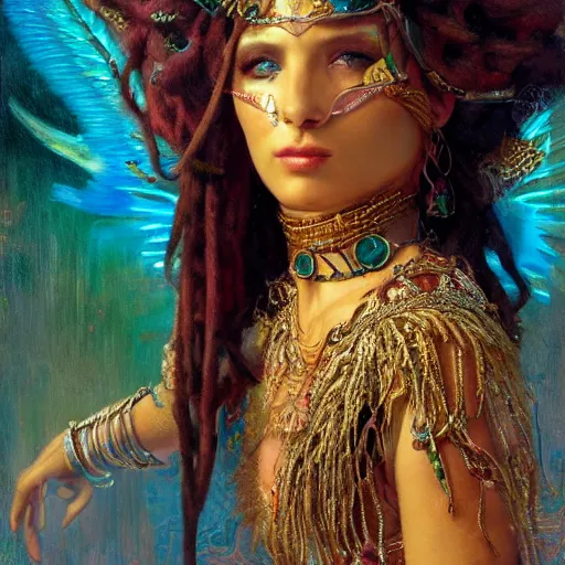 Image similar to artstation, intricate details, hyper details, by gaston bussiere, tan skin sumerian mystic lady of elche, egyptian sumerian features, techno mystic intergalactica electronic pop star, with aqua neon rapunzel dreadlocks,