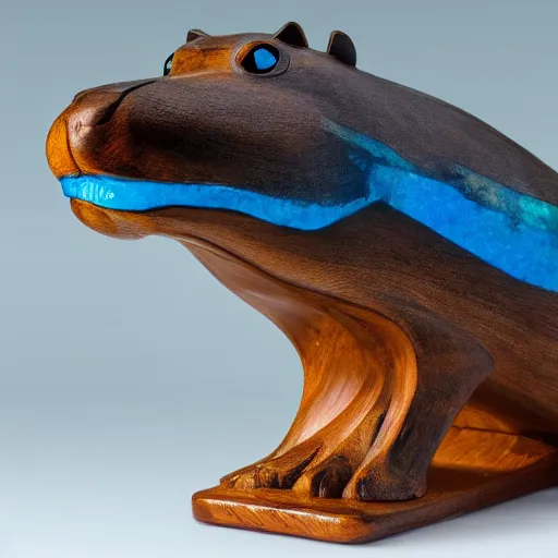 Image similar to a small smooth hippo statue carved from natural wood, dipped in polished blue resin, half and half, mixed media, side view