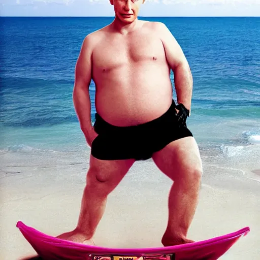 Prompt: vladimir putin, overweight, wearing a pink bikini and a bra, riding a bear, 8 k, professional portrait photography