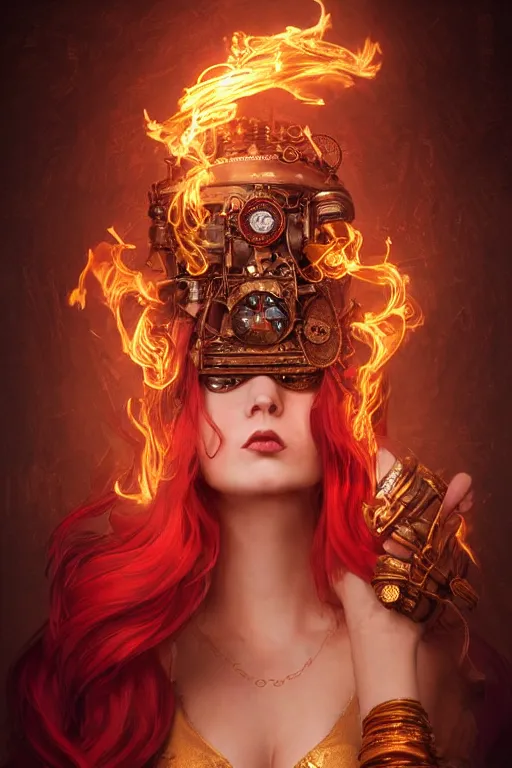 Prompt: a beautiful portrait of a young woman, steampunk Chandra sorceress of fire, big googles over her head, long flowing hair glowing with fire, steampunk costume mostly red and gold young female face, cinematic top lighting, insanely detailed and intricate, face by wlop, Charlie Bowater, golden ratio, symmetric, elegant, ornate, luxury, elite, matte painting, cinematic, trending on artstation, deviantart and cgsociety, 8k, high resolution