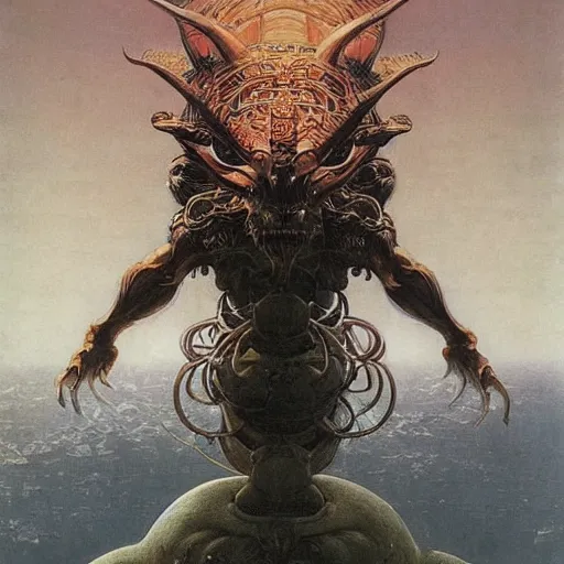 Image similar to portrait of immense, majestic, surreal, terrifying yoshi!!! standing triumphant over the city, perfectly clear face, by j. c. leyendecker, bosch, and beksinski