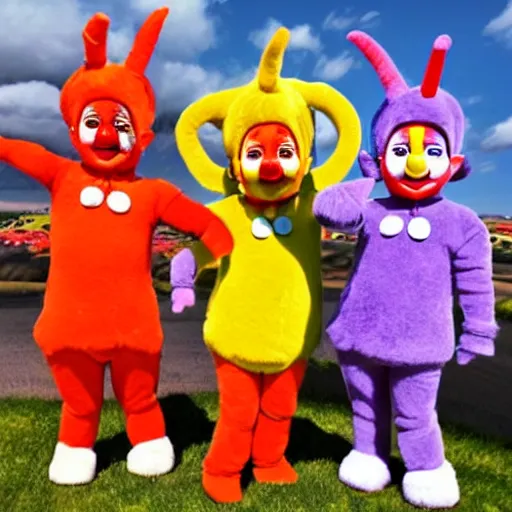 Image similar to teletubbies dressed as clowns