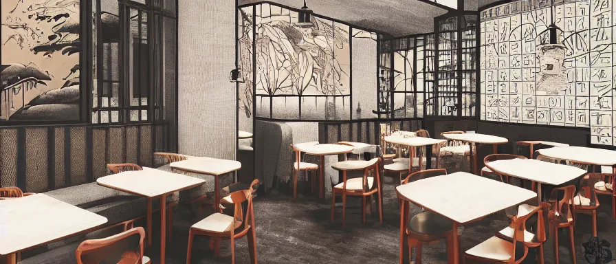 Prompt: a beautiful interior view illustration of a small roasted string hotpot restaurant of baota mountain in yan'an city, animation illustrative style, from china, restaurant wall paper is a tower on a mountain, rectangle white porcelain table, black chair, simple style structure decoration design, victo ngai, james jean, 4 k hd