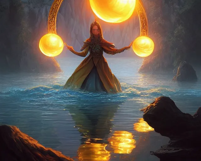 Image similar to glowing orb in the middle of the lake, deep focus, d & d, fantasy, intricate, elegant, highly detailed, digital painting, artstation, concept art, matte, sharp focus, illustration, hearthstone, art by artgerm and greg rutkowski and alphonse mucha