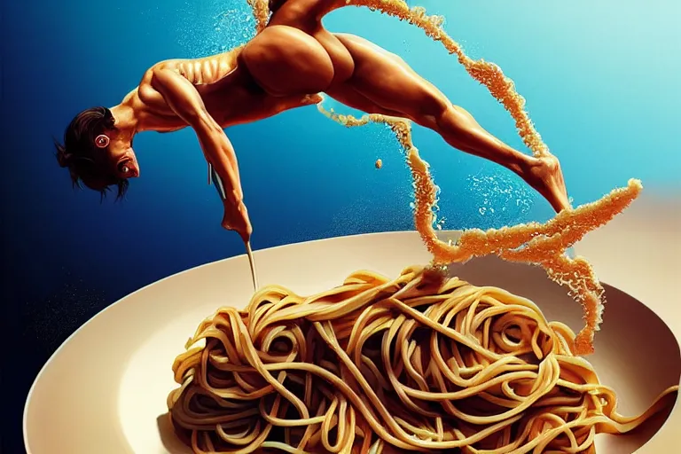 Prompt: olympic diver diving into a dish of pasta, fantasy, elegant, highly detailed, sharp focus, art by artgerm and beeple and greg rutkowski and wlop