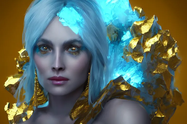 Image similar to Malevolent Ice Queen with gold leaf in the style of Artstation, Unreal Engine, photorealistic, highly detailed